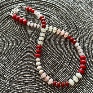 Valentine Resin Block Layering Rainbow Beaded 1 Strand Necklace, Colorful Jewelry, Chunky statement, red cream confetti pink white maroon