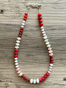 Valentine Resin Block Layering Rainbow Beaded 1 Strand Necklace, Colorful Jewelry, Chunky statement, red cream confetti pink white maroon