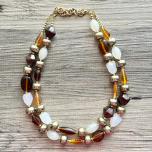 Load image into Gallery viewer, Dessert Bar chunky necklace, tan caramel gold black beaded jewelry, resin beaded Ombré necklace, brown 2 strand statement bib resin bead