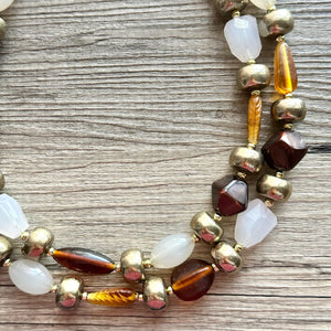 Dessert Bar chunky necklace, tan caramel gold black beaded jewelry, resin beaded Ombré necklace, brown 2 strand statement bib resin bead