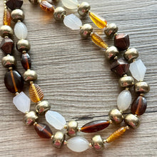 Load image into Gallery viewer, Dessert Bar chunky necklace, tan caramel gold black beaded jewelry, resin beaded Ombré necklace, brown 2 strand statement bib resin bead