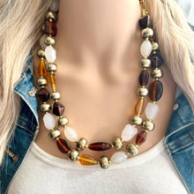 Load image into Gallery viewer, Dessert Bar chunky necklace, tan caramel gold black beaded jewelry, resin beaded Ombré necklace, brown 2 strand statement bib resin bead