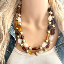 Load image into Gallery viewer, Dessert Bar chunky necklace, tan caramel gold black beaded jewelry, resin beaded Ombré necklace, brown 2 strand statement bib resin bead