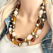 Load image into Gallery viewer, Dessert Bar chunky necklace, tan caramel gold black beaded jewelry, resin beaded Ombré necklace, brown 2 strand statement bib resin bead