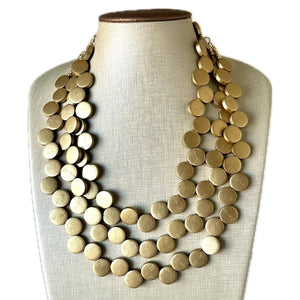 Gold Painted Wood Chunky Statement Necklace, Big beaded jewelry, triple Strand Statement Necklace, Bib necklace, bridesmaid wedding