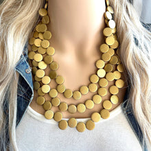 Load image into Gallery viewer, Gold Painted Wood Chunky Statement Necklace, Big beaded jewelry, triple Strand Statement Necklace, Bib necklace, bridesmaid wedding