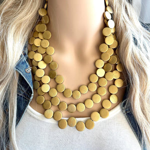 Gold Painted Wood Chunky Statement Necklace, Big beaded jewelry, triple Strand Statement Necklace, Bib necklace, bridesmaid wedding