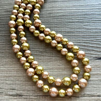 Gold & Champagne Statement Necklace, Pearl jewelry, 2 strand bib chunky necklace, yellow double strand golden bubble formal dressy