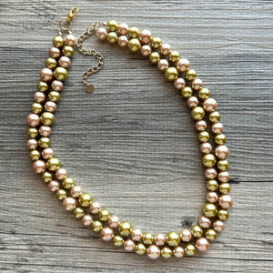 Gold & Champagne Statement Necklace, Pearl jewelry, 2 strand bib chunky necklace, yellow double strand golden bubble formal dressy