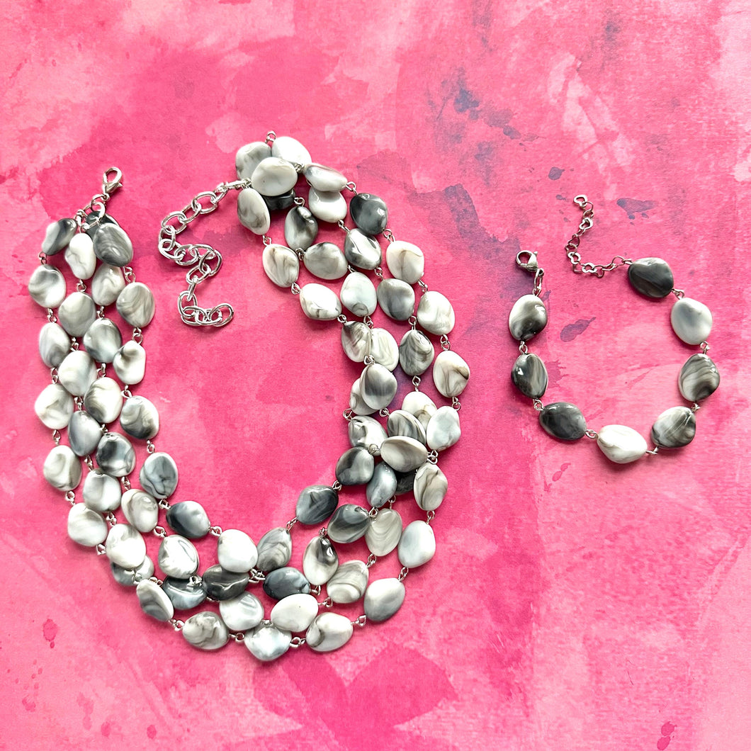 Black Gray & White Tie Dye Statement Necklace Bracelet set, chunky beaded jewelry set, neutral necklace, acrylic layering neutral necklace