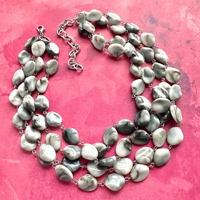 Black Gray & White Tie Dye Statement Necklace Bracelet set, chunky beaded jewelry set, neutral necklace, acrylic layering neutral necklace