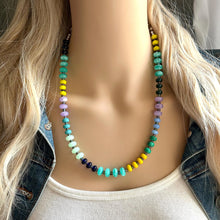 Load image into Gallery viewer, Summer Solstice Statement Necklace, Single Strand Necklace, gunmetal metallic necklace, vacation green yellow purple navy blue lavender