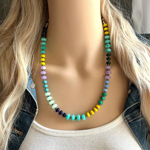 Summer Solstice Statement Necklace, Single Strand Necklace, gunmetal metallic necklace, vacation green yellow purple navy blue lavender