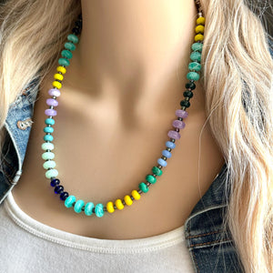 Summer Solstice Statement Necklace, Single Strand Necklace, gunmetal metallic necklace, vacation green yellow purple navy blue lavender