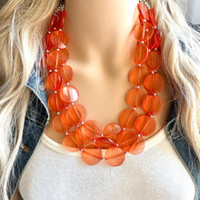 Load image into Gallery viewer, Orange Translucent Chunky Statement Necklace, Big beaded jewelry, triple Strand thick jewelry, red-orange bridesmaid wedding resin beads