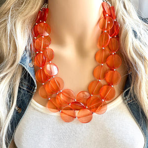 Orange Translucent Chunky Statement Necklace, Big beaded jewelry, triple Strand thick jewelry, red-orange bridesmaid wedding resin beads