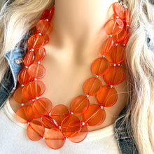 Load image into Gallery viewer, Orange Translucent Chunky Statement Necklace, Big beaded jewelry, triple Strand thick jewelry, red-orange bridesmaid wedding resin beads