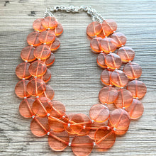 Load image into Gallery viewer, Orange Translucent Chunky Statement Necklace, Big beaded jewelry, triple Strand thick jewelry, red-orange bridesmaid wedding resin beads