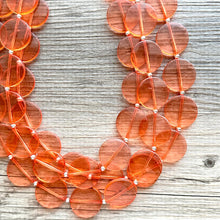 Load image into Gallery viewer, Orange Translucent Chunky Statement Necklace, Big beaded jewelry, triple Strand thick jewelry, red-orange bridesmaid wedding resin beads