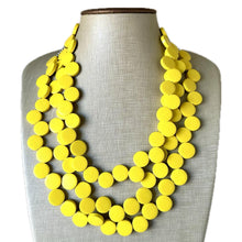 Load image into Gallery viewer, Summer Sunshine Yellow Painted Wood Chunky Statement Necklace, Big beaded jewelry, triple Strand Statement Necklace, Bib bridesmaid wedding