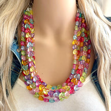 Load image into Gallery viewer, Rainbow Heart Statement Necklace, Chunky 5 Strand Jewelry, Valentines Day resin chunky neon bib beaded necklace colorful