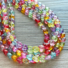 Load image into Gallery viewer, Rainbow Heart Statement Necklace, Chunky 5 Strand Jewelry, Valentines Day resin chunky neon bib beaded necklace colorful