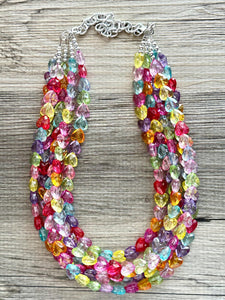 Rainbow Heart Statement Necklace, Chunky 5 Strand Jewelry, Valentines Day resin chunky neon bib beaded necklace colorful