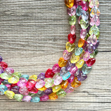 Load image into Gallery viewer, Rainbow Heart Statement Necklace, Chunky 5 Strand Jewelry, Valentines Day resin chunky neon bib beaded necklace colorful