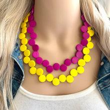 Load image into Gallery viewer, Pink &amp; Yellow Painted Wood Chunky Statement Necklace, Big beaded jewelry, double Strand Statement Necklace, Bib necklace, bridesmaid wedding