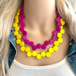 Pink & Yellow Painted Wood Chunky Statement Necklace, Big beaded jewelry, double Strand Statement Necklace, Bib necklace, bridesmaid wedding