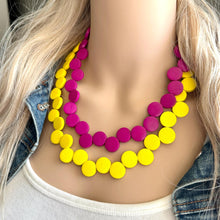 Load image into Gallery viewer, Pink &amp; Yellow Painted Wood Chunky Statement Necklace, Big beaded jewelry, double Strand Statement Necklace, Bib necklace, bridesmaid wedding