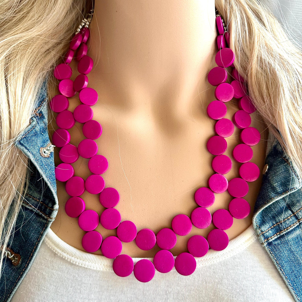 Dark Pink Painted Wood Chunky Statement Necklace, Big beaded jewelry, double Strand Statement Necklace, Bib necklace, bridesmaid wedding