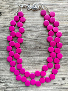 Dark Pink Painted Wood Chunky Statement Necklace, Big beaded jewelry, double Strand Statement Necklace, Bib necklace, bridesmaid wedding