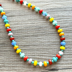 Rainbow Resin Block Layering Rainbow Beaded 1 Strand Necklace, Colorful Jewelry, Chunky statement jelly bean confetti silver bubble