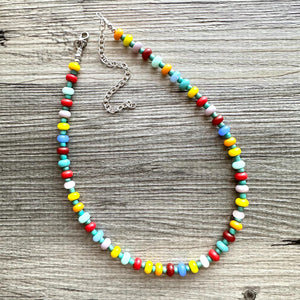 Rainbow Resin Block Layering Rainbow Beaded 1 Strand Necklace, Colorful Jewelry, Chunky statement jelly bean confetti silver bubble