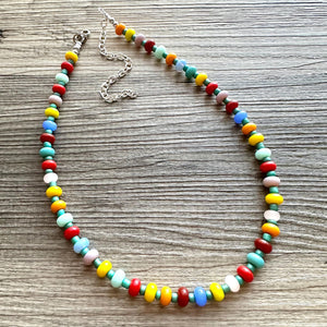 Rainbow Resin Block Layering Rainbow Beaded 1 Strand Necklace, Colorful Jewelry, Chunky statement jelly bean confetti silver bubble