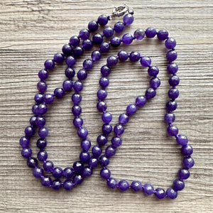 Eggplant Jelly Glass Bead Chunky Statement Necklace, long glass jewelry beaded necklace, layering necklace purple shiny metallic long