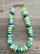 Load image into Gallery viewer, Monstera Leaf Single Strand Beaded Statement Necklace, beaded bridesmaid jewelry set layering white emerald green light lime chunky