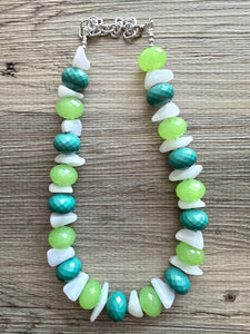 Monstera Leaf Single Strand Beaded Statement Necklace, beaded bridesmaid jewelry set layering white emerald green light lime chunky