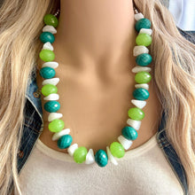 Load image into Gallery viewer, Monstera Leaf Single Strand Beaded Statement Necklace, beaded bridesmaid jewelry set layering white emerald green light lime chunky