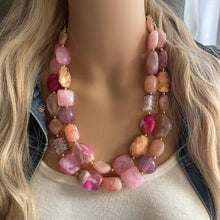 Load image into Gallery viewer, Lover’s Kiss Necklace Statement, chunky bib beaded jewelry, coral vacation gold Valentine blush hot pink, thick collar bib resin geometric