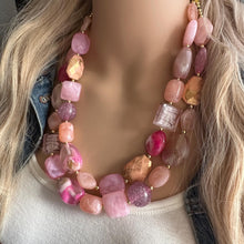 Load image into Gallery viewer, Lover’s Kiss Necklace Statement, chunky bib beaded jewelry, coral vacation gold Valentine blush hot pink, thick collar bib resin geometric