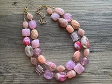 Load image into Gallery viewer, Lover’s Kiss Necklace Statement, chunky bib beaded jewelry, coral vacation gold Valentine blush hot pink, thick collar bib resin geometric