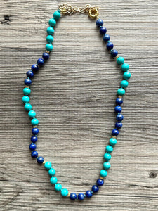 Natural Blue & Turquoise Gemstone Beaded Necklace, 20” Long Necklace stone color lock jewelry, gifts for her gold