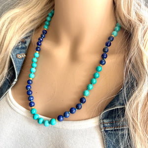 Natural Blue & Turquoise Gemstone Beaded Necklace, 20” Long Necklace stone color lock jewelry, gifts for her gold