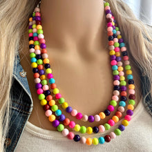 Load image into Gallery viewer, Rainbow Beaded 3 Strand Necklace, Colorful Jewelry, Chunky statement necklace, jelly resin necklace, rainbow jewelry color confetti neon