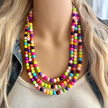 Load image into Gallery viewer, Rainbow Beaded 3 Strand Necklace, Colorful Jewelry, Chunky statement necklace, jelly resin necklace, rainbow jewelry color confetti neon