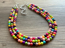 Load image into Gallery viewer, Rainbow Beaded 3 Strand Necklace, Colorful Jewelry, Chunky statement necklace, jelly resin necklace, rainbow jewelry color confetti neon