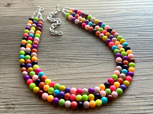 Rainbow Beaded 3 Strand Necklace, Colorful Jewelry, Chunky statement necklace, jelly resin necklace, rainbow jewelry color confetti neon