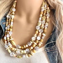 Load image into Gallery viewer, Peach Cupcakes chunky necklace, white gold beaded jewelry, resin beaded Ombré necklace, white 3 strand statement bib painted bead